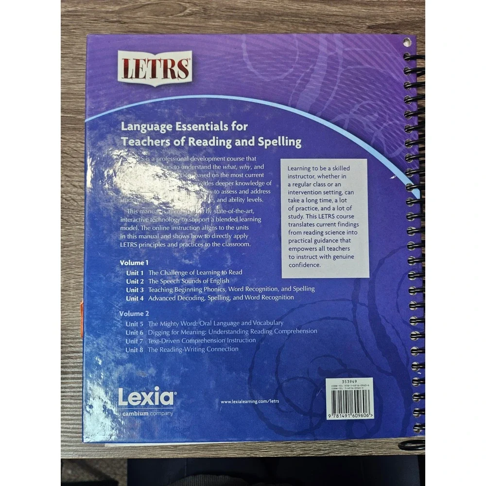 Lexia LETRS Vols 1 & 2, Units 1-4 & 5-8 Spiral Moats Tolman Reading